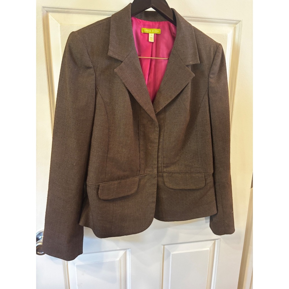 Sigrid Olsen Brown Micro Dot Jacket Pink Lining Professional Trending  SZ -10